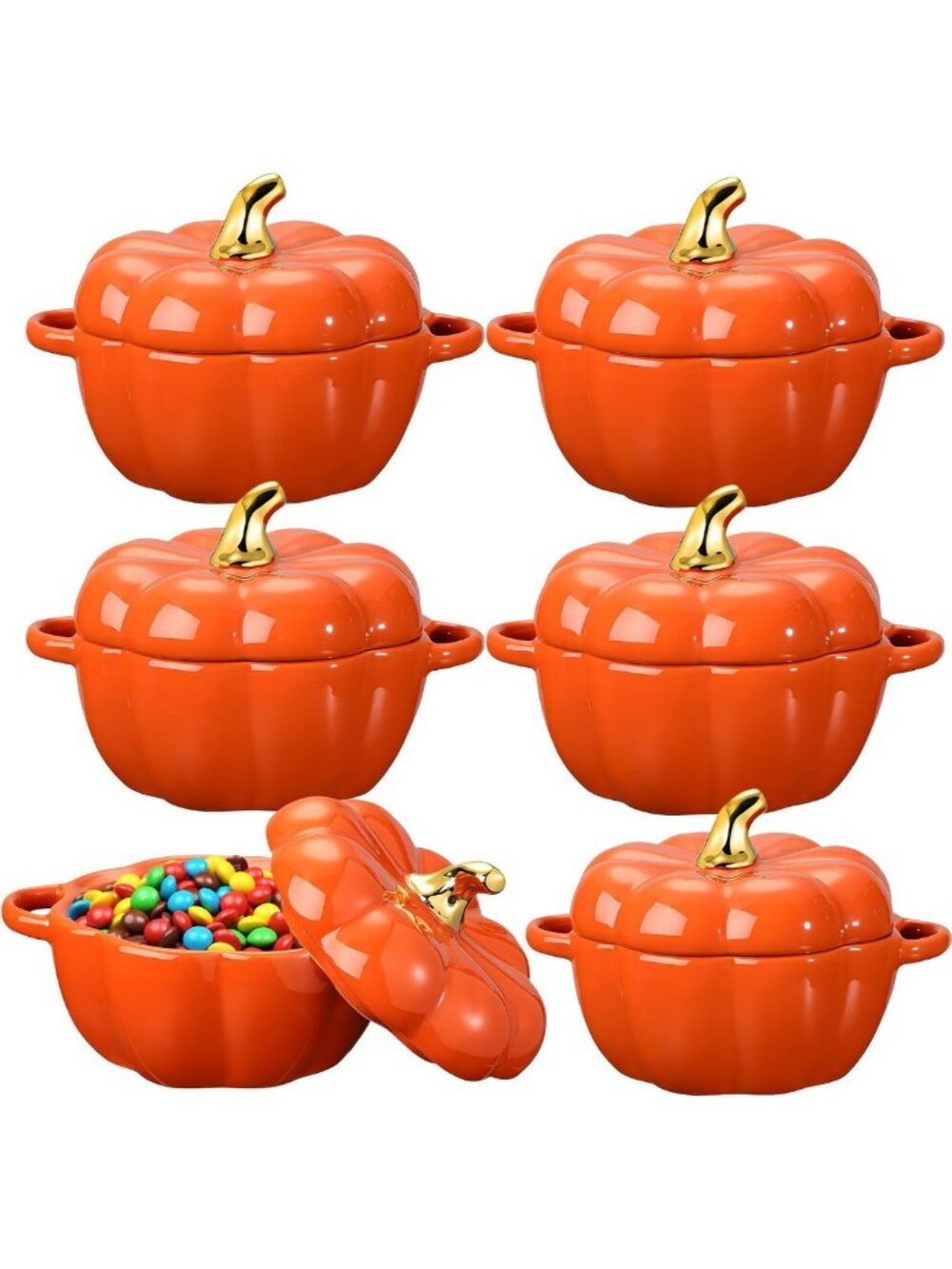 Set of 6 Pumpkin Ceramic Soup Bowls, 15 oz - Fall Decor, Orange Tableware